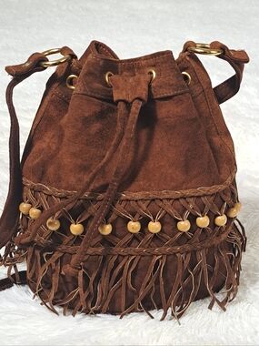 AJ Valenci Genuine Suede Fringe Bucket Bag Boho Crossbody Wood Bead Brown